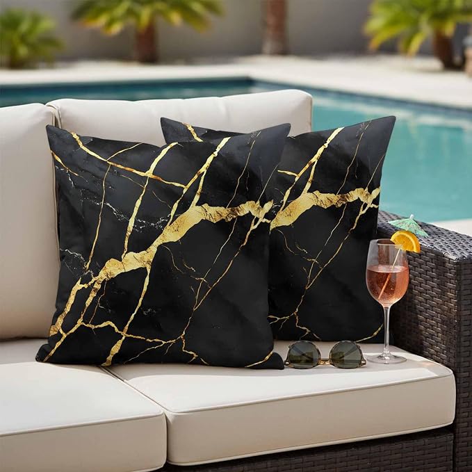 Outdoor Waterproof Pillow Covers 16x16Inch Marble Texture Throw Pillowcases for Patio Garden Couch Sofa Gold Line Black Decorative Cushin Case,Pack of 2
