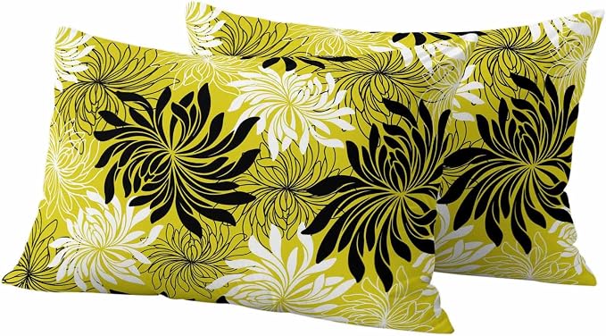 Yukro Yellow Black Floral Outdoor Waterproof Pillow Covers Pack of 2, Vintage Yellow White Black Flower Decorative Throw Pillowcases Cushion Covers for Garden Patio Tent Sofa Couch, 20x12 inch