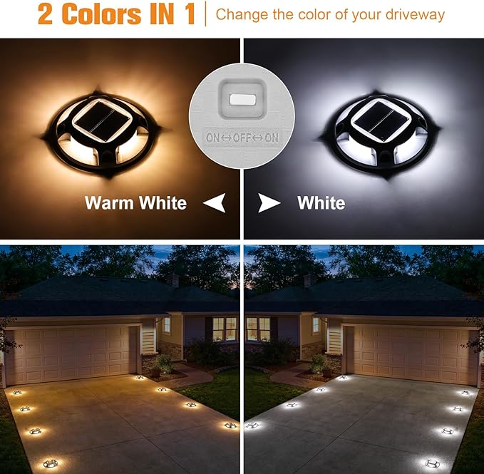 VOLISUN Solar Driveway Marker Lights Dock Marine Led Deck Outdoor 4 Pack | 2 Colors in 1,Solar Powered Waterproof Warning Step Lights for Pathway Garden Sidewalk(White/Warm White)