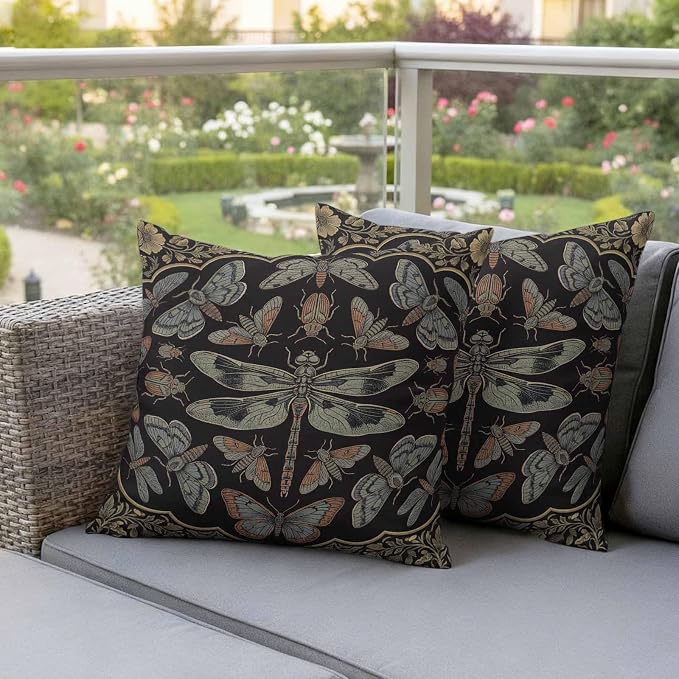 Vintage Dragonfly Outdoor Waterproof Throw Pillow Covers 16 x 16 Inches Set of 2 Butterfly Moth Insects Summer Black Decorative Cushion Cover Pillowcase for Garden Patio Tent Beach Sofa Couch