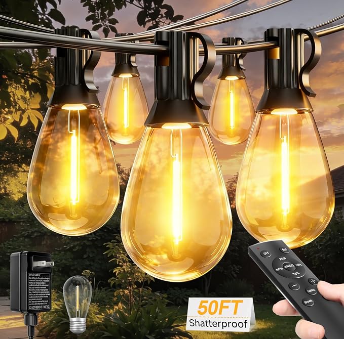 50FT Outdoor String Lights with Remote, LED Patio Lights with 18+1 Waterproof S11 Bulbs, Outside Dimmable 2700K Warm White, Timer & 3 Modes,for Backyard Garden Deck Porch Balcony Gazebo Party Decor