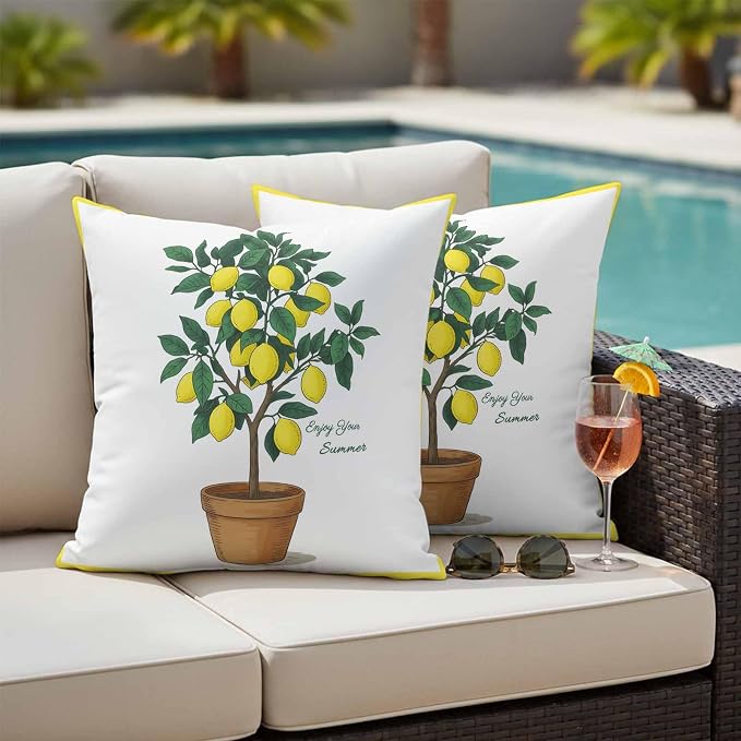 Summer Yellow Lemons Outdoor Waterproof Pillow Covers Set of 2, Green Leaf Botanical Garden Frame Pillowcase Decorative Throw Cushion Cases for Patio Garden Couch 16 x 16 Inches