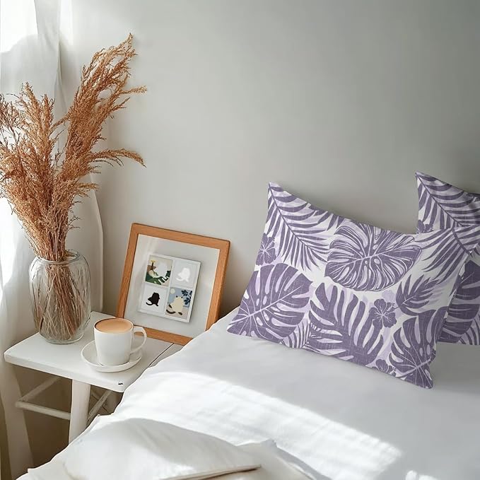 Purple Palm Leaves Outdoor Pillow Covers 20"x12" Set of 2, Tropical Botanical Minimalist Modern Waterproof Throw Pillow Covers for Patio Furniture, Decorative Cushion Covers for Porch