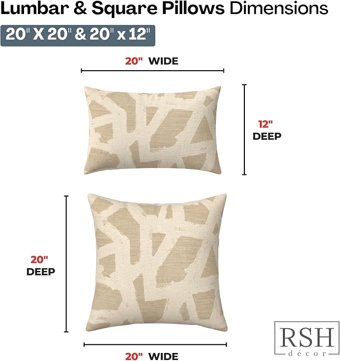 RSH DECOR: Sunbrella Lumbar & Square Pillows Set of 4 | 20" x 12" & 20" x 20" | Water and Fade-Resistant Performance Fabric | Outdoor Throw Pillows for Patio Furniture | Made in USA (Draft Parchment)