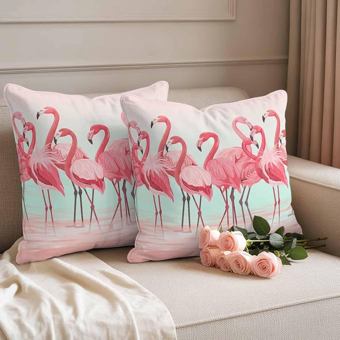 Outdoor Pillow Covers,Flamingo Bird on Gradient Background Decorative Throw Pillow Cover Waterproof Pillowcase Set of 2,Linen Cushion Case for Sofa Couch Bed 18x18 Inch,Tropical Pink Animals