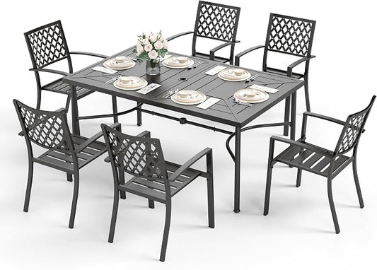 Sophia & William Patio Table and Chairs Set, Outdoor Dining Set for 6, 7 Piece Metal Patio Furniture, 64" Black Rectangular Table(Diamond)