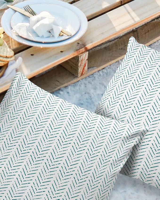 Turquoise Striped Outdoor Pillow Covers Waterproof,All Weather Cushion Case Set of 2 Decorative Pillowcases for Sofa Couch Bed Decor Patio Furniture 24"x24" White Geometric Minimalist Boho Striped