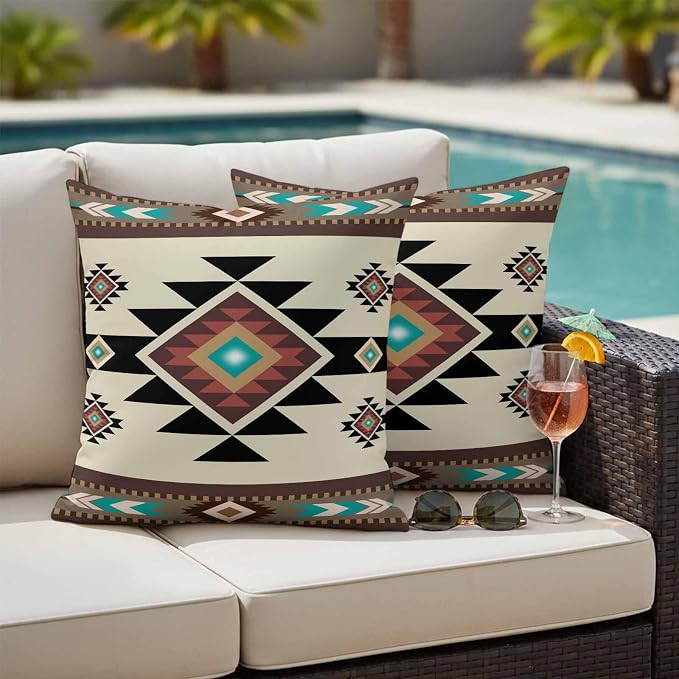 Southwest Geometric Waterproof Outdoor Pillow Covers 18''x18'' Set of 2, Brown Mexican Aztec Boho Tribal Patio Furniture Cushion Covers for Chairs, Decorative Pillow Cases for Garden/Pool/Beach
