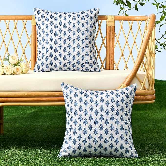 Outdoor Pillow Covers 20x20 Set of 2 Boho Navy Bule Floral Accent Print Decorative Throw Pillow Cases for Outdoor Waterproof Patio Furniture Garden Porch Sofa Bed Cushion Covers Home Decor JB005-E20