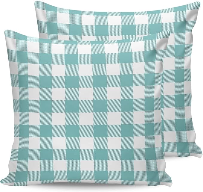 Outdoor Waterproof Throw Pillow Covers Set of 2 Teal Green White Check Plaid Pillowcases 20x20 Inches Farmhouse Style Patio Decorative Pillows Cushion Case Patio Pillows for Couch Bed Chair Garden
