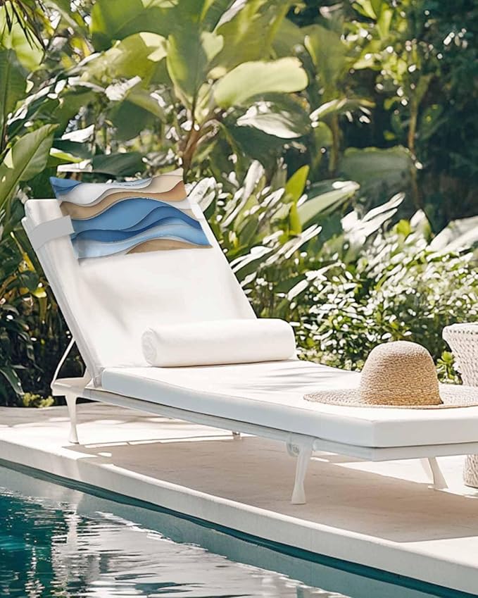 Ombre Blue Cream Outdoor Pillows for Chaise Lounge Chair, Modern Geometric Waterproof Lumbar Head Support Pillow with Adjustable Elastic Band for Pool Patio Furniture Decorative