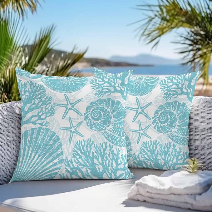 Outdoor Pillow Covers 18x18 Inch Set of 2, Aqua Coastal Waterproof Throw Pillow Covers, Beach Starfish Nautical Coral Shell Summer Decorative Cushion Pillowcases for Couch, Sofa, Bed, Garden, Patio