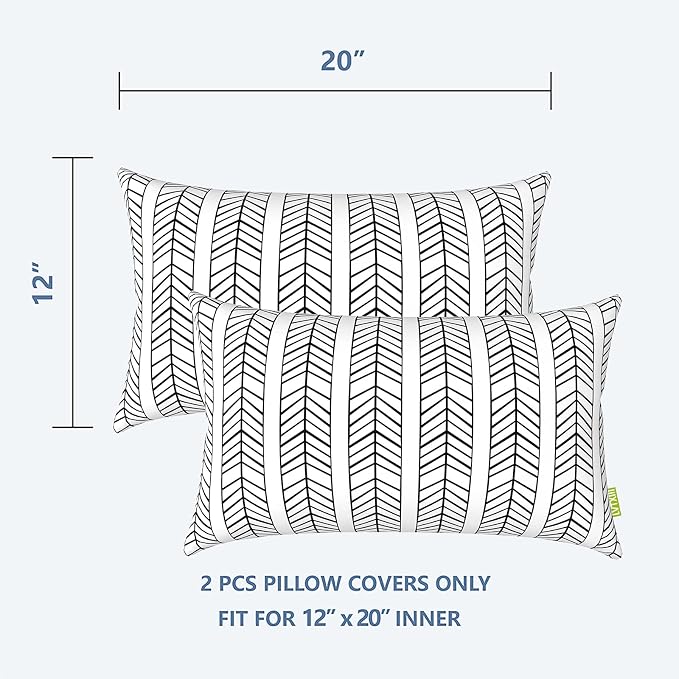 LVTXIII Outdoor Pillow Covers 12” x 20” Patio Lumbar Pillwo Cases Decorative Throw Pillowcase Shell for Couch Garden Furniture Use, Herringbone Black White, 2 Pack