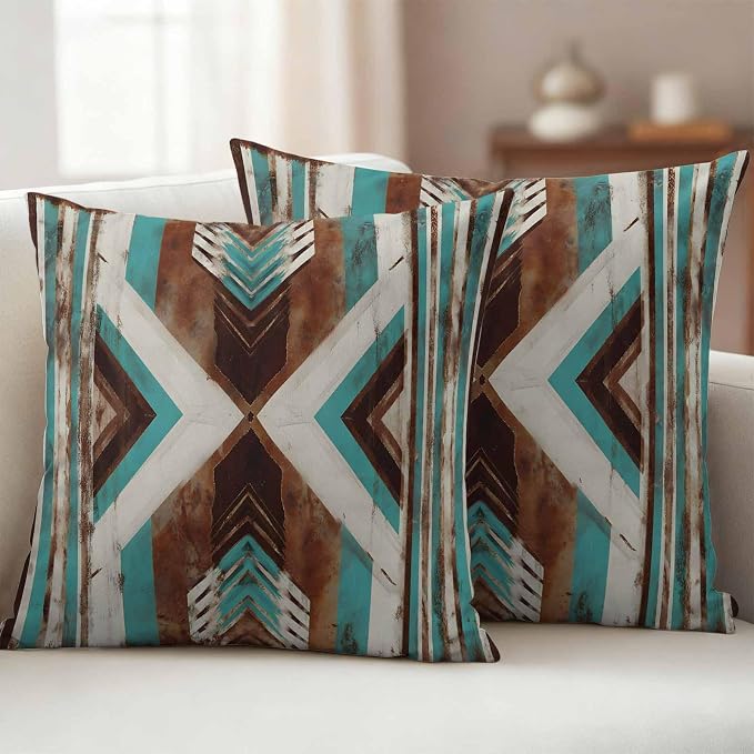 Aztec Southwestern Outdoor Pillow Covers 24"x24" Set of 2, Vintage Abstract Brown Turquoise Diamond Waterproof Throw Pillow Covers for Patio Furniture, Decorative Cushion Covers for Porch