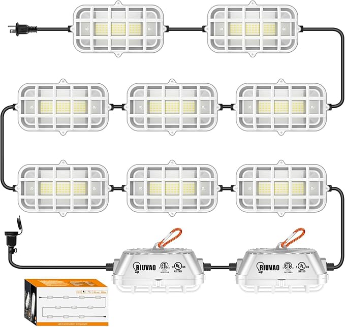 RIUVAO 100ft LED Construction String Lights,Super Bright 300W 30000LM Waterproof IP67 Led String Work Lights, Construction Temporary Lights (Upgrad 100ft-10lights)