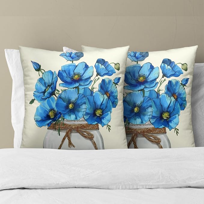 Watercolor Poppies Throw Pillow Covers 20 x 20 in Set of 2 - Beautiful Blue Flower Mason Jar Vintage Accent Square Cotton Linen Pillowcase for Couch Bed Sofa Home Decor