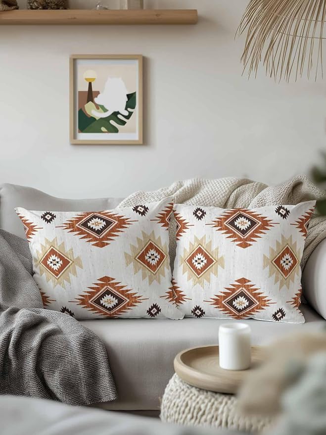 Waterproof Outdoor Pillow 1 Pack Orange Boho Aztec Decorative Throw Pillows Cover & Insert 18x18 Inch Pillowcase Southwest Tribal Style Square Pillows for Couch Sofa Bed Patio Furniture Indoor Outdoor
