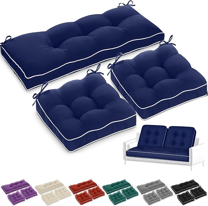 Wenqik 48 x 19 x 4 Inch Outdoor Bench Cushion Set of 3 Waterproof Tufted 1 Patio Loveseat Cushions and 2 Square Chair Seat Pad for Outdoor Furniture Couch Swing Sofa Wicker Settee(Navy Blue)