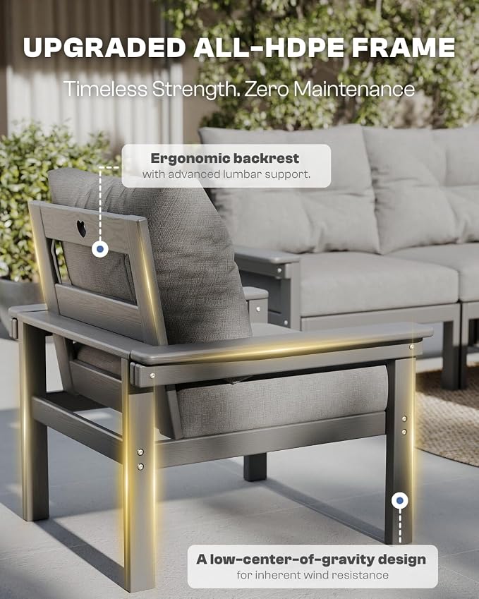 3 Piece HDPE Outdoor Patio Furniture Set, All-Weather 2 Armchairs with Side Table, Patio Conversation Set with Grey Washable Thick Cushion for Balcony/Porch/Backyard (Grey Frame)