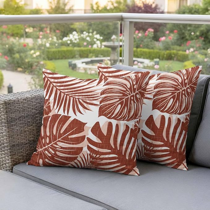 Copper Palm Leaves Outdoor Pillow Covers 20"x20" Set of 2, Tropical Botanical Minimalist Modern Waterproof Throw Pillow Covers for Patio Furniture, Decorative Cushion Covers for Porch