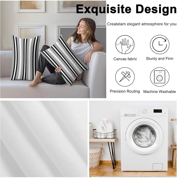 Black Gray Striped Outdoor Pillow Covers 20x12 Inch Lumbar Pillow Covers Set of 2 Waterproof Decorative Throw Pillow Cases Contemporary Minimalist Lines Art Cushion Covers for Patio Furniture Garden