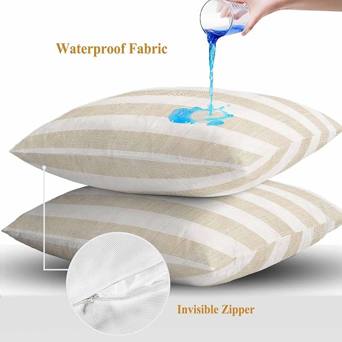 Vintage Linen Outdoor Waterproof Throw Pillow Covers Set of 2, 26"x26", Striped Beige Theme Farmhouse Decorative Pillow Covers Outside Cushion Case for Patio Porch Garden