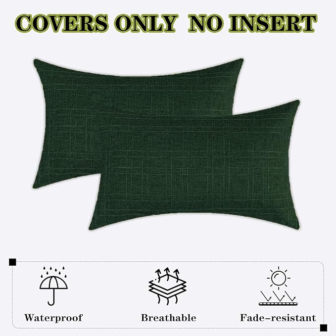 Kevin Textile Outdoor Waterproof 12”x24” Pillow Covers 2 Pack, Army Green | Water Resistant, Soft Faux Linen-cotton Yarn-dyed Woven Texture Throw Pillow Covers for Tent Patio Garden Couch Sofa