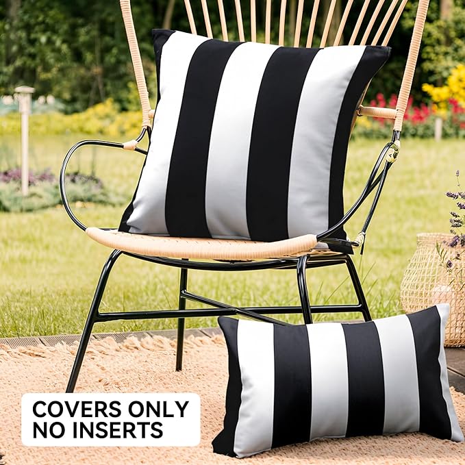 Pack of 2 Outdoor Waterproof Striped Pillow Covers Decorative Throw Covers | 18x18, Black and White, Garden Cushion Covers, Farmhouse Pillowcases for Couch Sofa Patio Tent Balcony