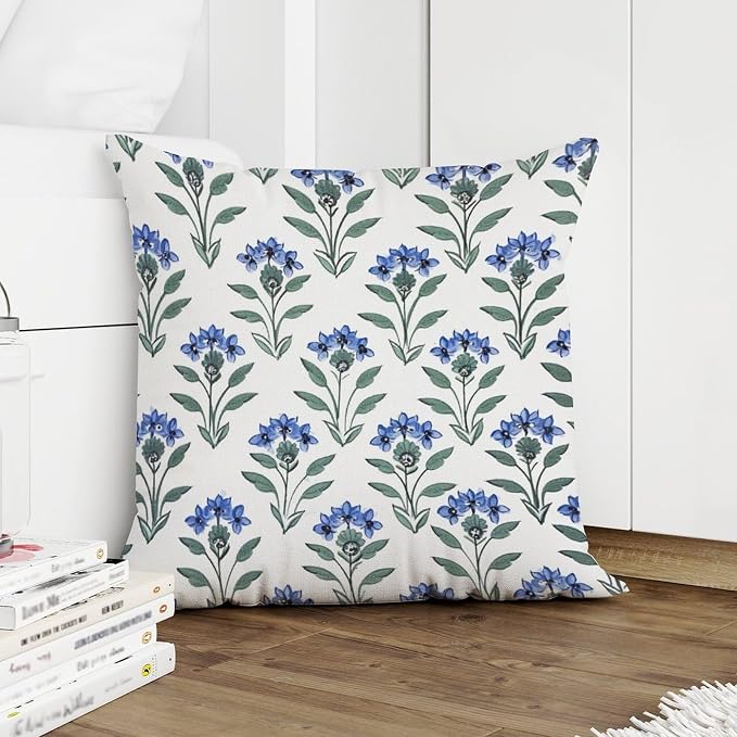 Mughal Flower Pillow Cover Blue Lotus Floral Throw Pillow Cover Classic Square Couch Sofa Cushion Covers for Patio Furniture Garden 24x24 in