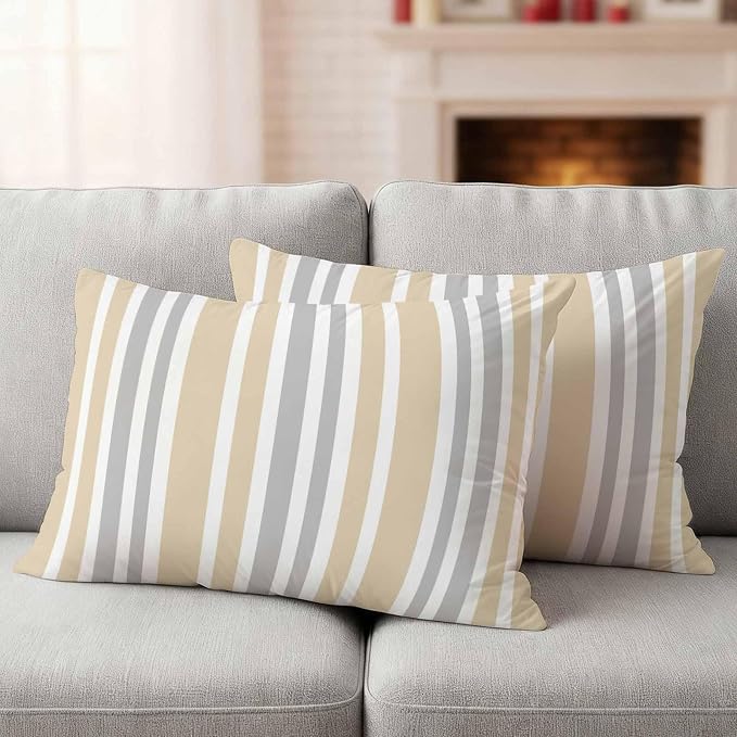 Beige Grey Stripe Outdoor Pillow Covers 20x12 Inch Lumbar Pillow Covers Set of 2 Waterproof Decorative Throw Pillow Cases Farmhouse Minimalist Striped Cushion Covers for Patio Furniture Garden Couch