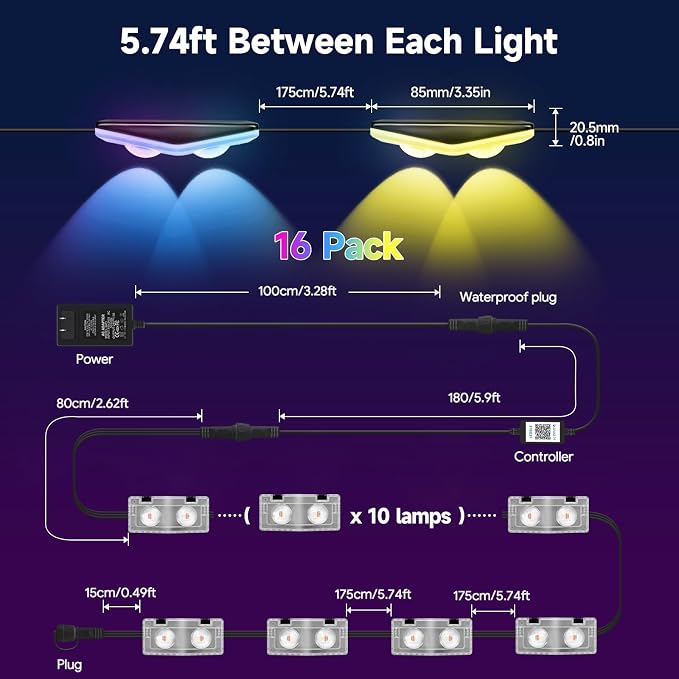 AHAWILL Fence Lights Outdoor 16 Packs,Smart RGB Fence Lighting with APP&Remote Control,IP67 Waterproof Fence Lights,DIY Scene Modes,LED Light for Fence,Patio,Yard,Garden(100ft)