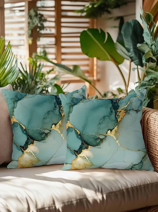 Outdoor Throw Pillow Set of 2, Teal Ombre Marble Waterproof Pillow with Insert Included, Modern Ink Painting Abstract Decorative Accent Cushion Sofa Pillows for Patio Porch, 16 x 16 in