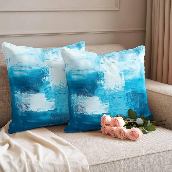Blue Outdoor Waterproof Throw Pillow Covers Set of 2, 16"x16", Abstract Oil Painting Decorative Pillow Covers Outside Cushion Case for Patio Porch Garden
