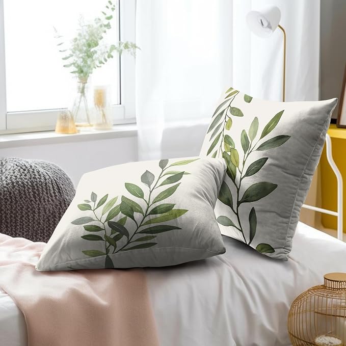 Sage Green Leaves Pillow Covers 22x22 Inch Set of 2, Grey Rustic Plants Leaf Cotton Square Decorative Throw Pillowcases for Bed Sofa Couch Porch Farmhouse Cottage Home Decor