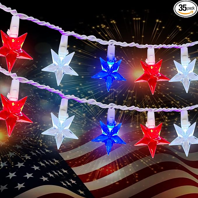 35 LED Patriotic Star String Lights, 13.6FT 4th of July Red White and Blue String Light with LED Mini Bulbs, Waterproof Connectable Independence Day Lights for Home Patio Garden Yard Memorial Day
