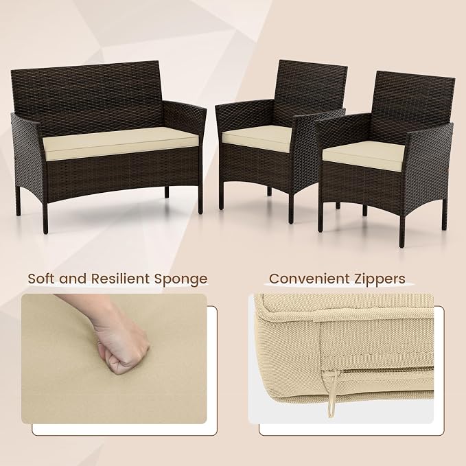 HAPPYGRILL 8 Pieces Outdoor Rattan Conversation Set, Patio Wicker Furniture Set with Loveseat Chairs & Tempered Glass Coffee Table, Outside Sectional Sofa Set for Backyard, Garden & Poolside