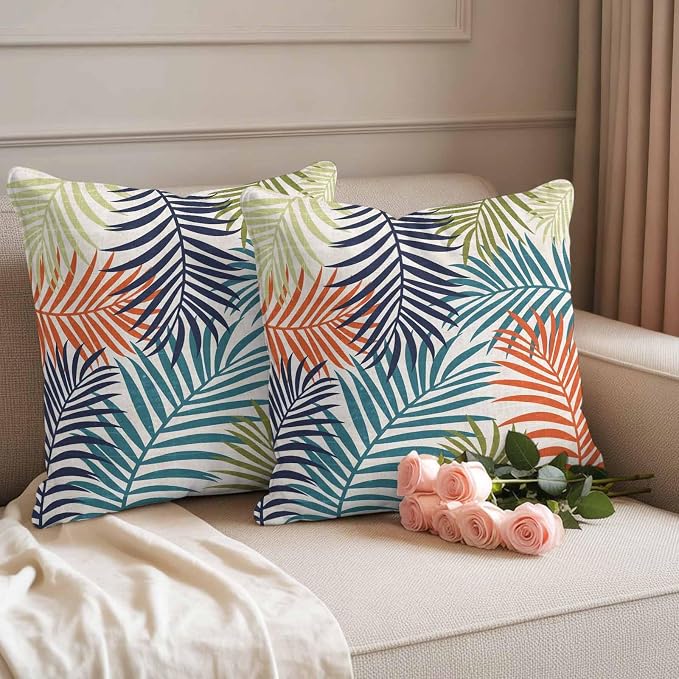 Outdoor Waterproof Throw Pillow Covers, Orange Green Blue Palm Leaves Decorative Pillow Cases, Summer Botanical Tropical Leaf Couch Pillow Protector Patio Sofa Cushion Covers 18"x18" 2 Pack