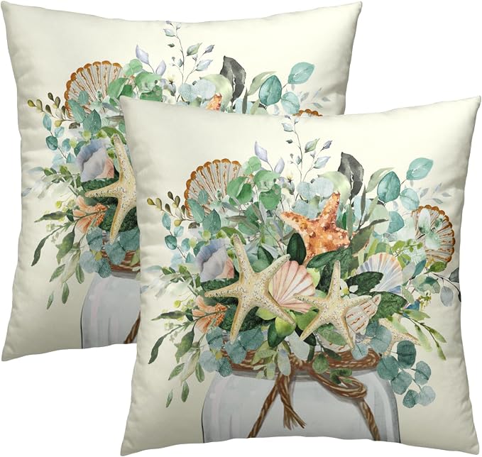 Summer Eucalyptus Coastal Pillow Covers 22x22 Set of 2 - Beach Starfish Flowers Jar Seasonal Decorative Cushion Cover Cotton Linen Pillowcase for Living Room Bedding Sofa Couch