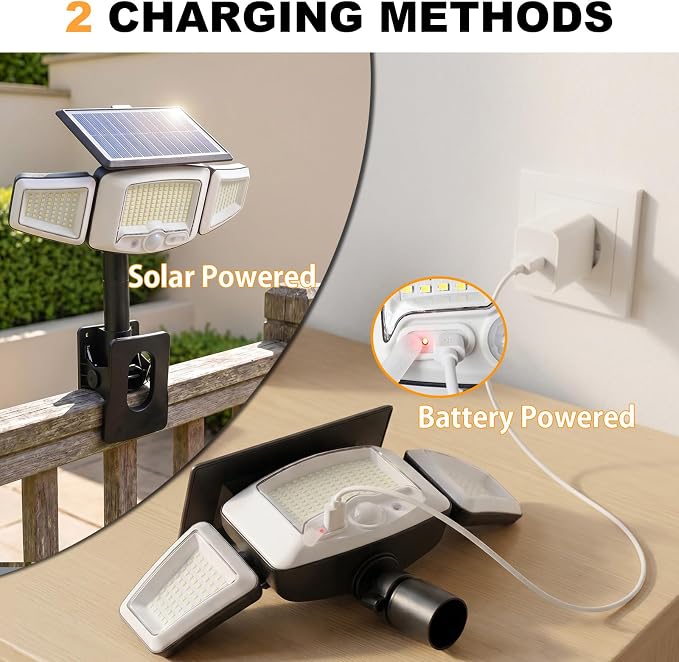 Clip-On Solar Light, Motion Sensor Outdoor Light with Stake, 1 Pack | In-Ground, Clamp or Wall Mount, IP65 Waterproof, USB Charging Supported, Solar Flood Light for Yard, Deck, Fence, Pathway