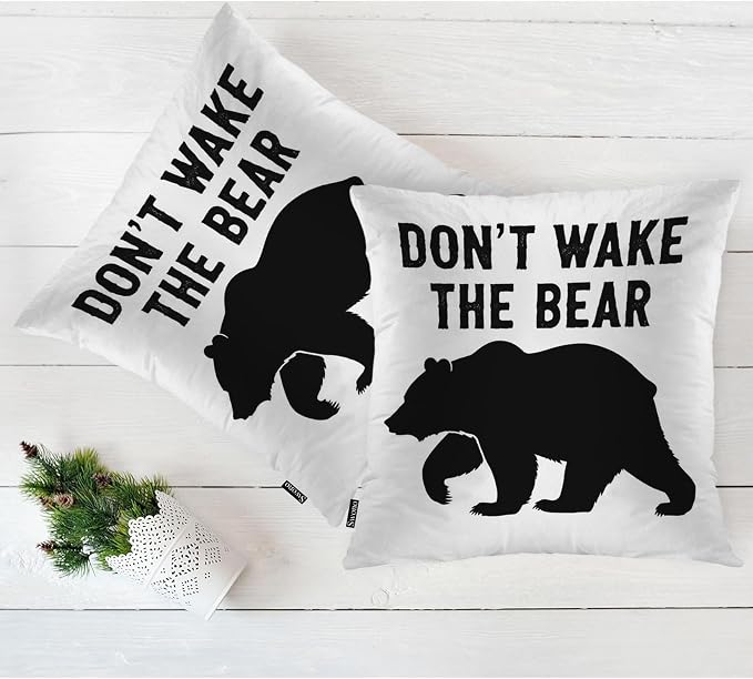 Swono Decorative Square Pillow Covers 18x18 Inch Bear, Don't Wake The Bear Quote Polyester Pillow Case Set of 2, Soft Cushion Cover Pillowcases for Home Bedroom Couch Sofa Armchair, Black Bear