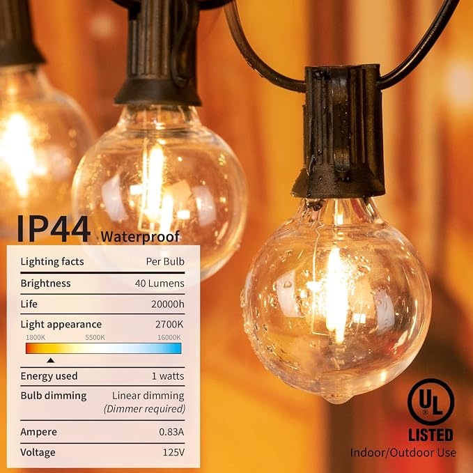 LED G40 Outdoor String Lights Patio Lights 109FT with 104 LED Shatterproof Bulbs, Weatherproof Commercial Hanging Lights for Backyard Bistro Pergola Party Decor, E12 Socket Base, 2200K, Black