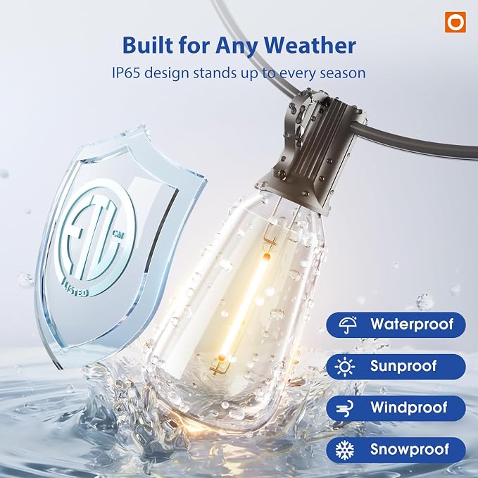 addlon 100FT Outdoor String Lights ST38 LED with APP Control Waterproof | Dimmable Shatterproof Replaceable Bulbs, Connectable Hanging Strand for Porch Backyard Patio Garden Deck Outside