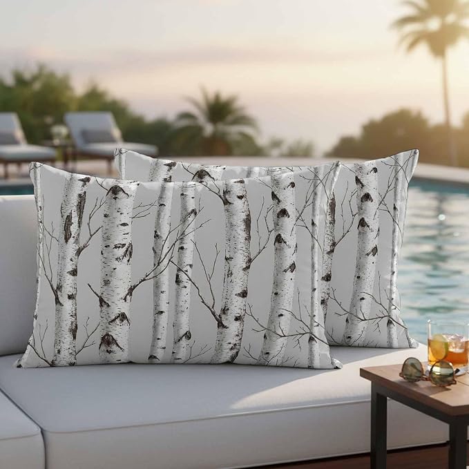 Nature Birch Trees Outdoor Pillow Covers 20"x12" Set of 2, Modern Gray Modern Tree Bark Texture Forest Waterproof Throw Pillow Covers for Patio Furniture, Decorative Cushion Covers for Porch