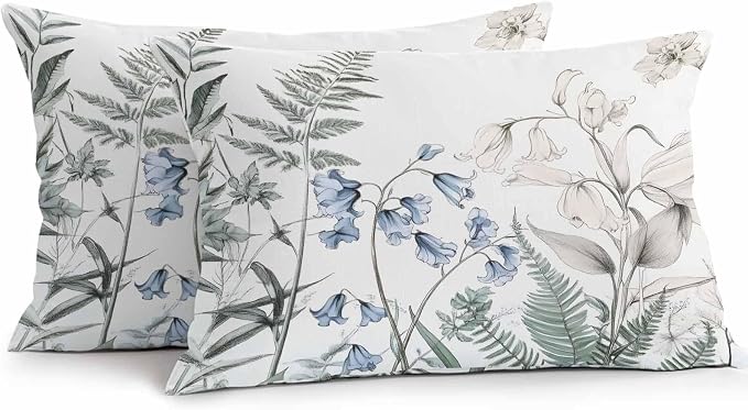 Lumbar Pillow Covers 20x12 Inch Set of 2, Blue Beige Floral Waterproof Outdoor Pillow Covers, Farmhouse Botanical Decorative Cushion Pillowcases for Couch, Sofa, Bed, Garden, Patio