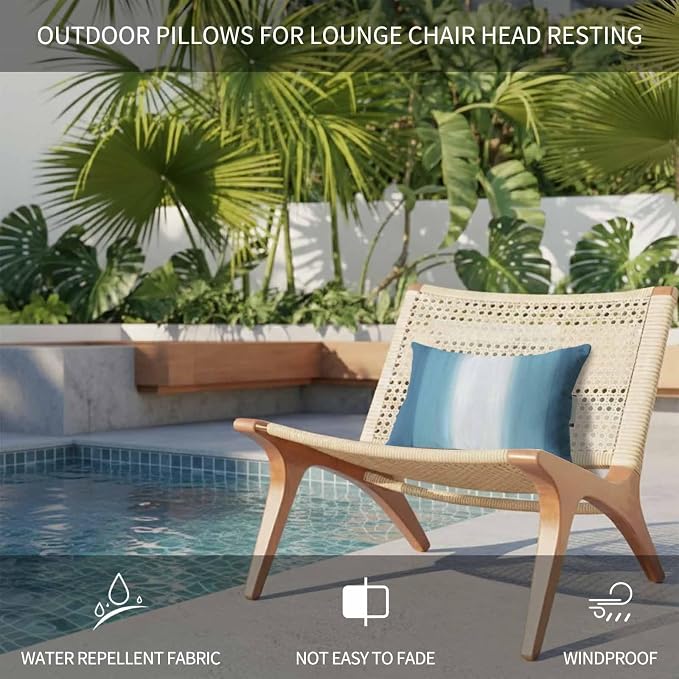 Outdoor Lumbar Pillow Set of 2, Aqua Blue Striped Waterproof Beach Headrest Pillow with Inserts, Blue White Ombre Farmhouse Gradient Recliner Throw Pillows for Patio Furniture, 11 x 16