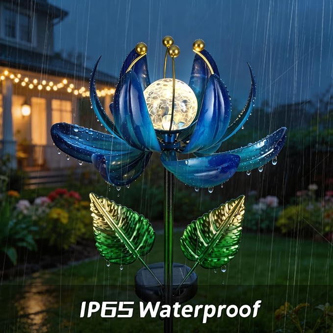 AIINY Solar Garden Lights Metal Flower Decor, Colorful Lotus Pathway Spinning Windmill with LED Cracked Crystal Ball Outdoor Decorative Stake Lighting Waterproof Flower Sculpture for Patio Yard