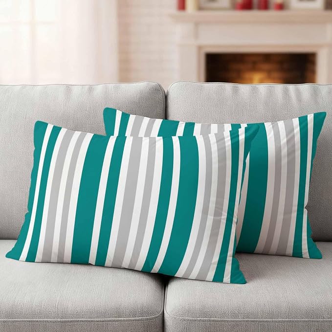 Teal Grey Stripe Outdoor Pillow Covers 20x12 Inch Lumbar Pillow Covers Set of 2 Waterproof Decorative Throw Pillow Cases Farmhouse Minimalist Striped Cushion Covers for Patio Furniture Garden Couch
