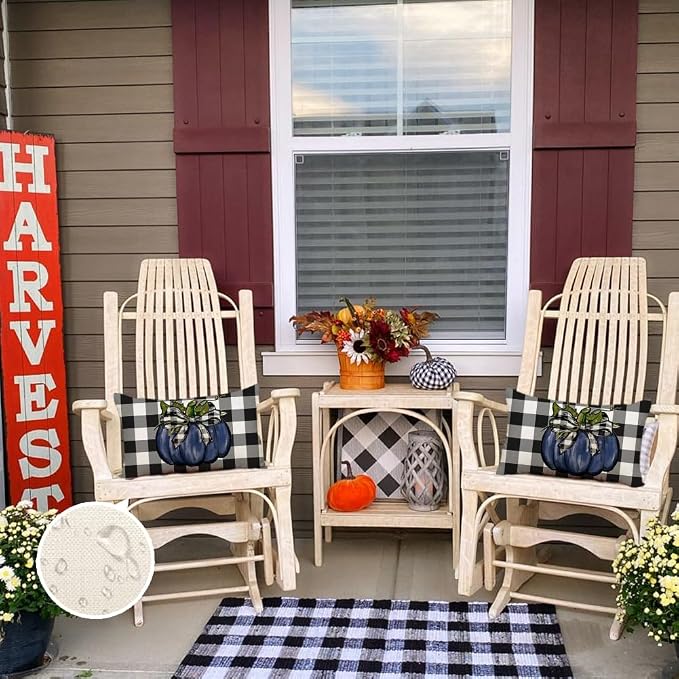 RABUSOFA Outdoor Fall Pillow Covers Waterproof 12x20 Blue Pumpkin Decor | Autumn Harvest Thanksgiving,Buffalo Plaid,Not Insert,Machine Washable,Fall Decorations for Home Sofa Patio Farmhouse