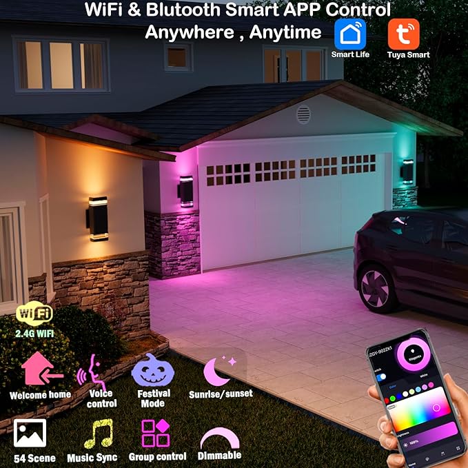 Up Down Outdoor Wall Lights Sconce, Remote Control RGB Color Changing LED Porch Lights Outdoor Wall Mounted, Black Exterior Lights for Garage, Balcony, Front Door - ETL Listed