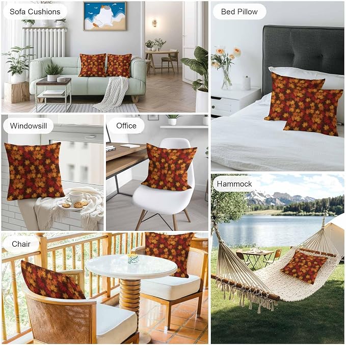 Brown Thanksgiving Outdoor Waterproof Pillow Covers, Fall Maple Leaves Farmhouse Vintage Decorative Square Throw Pillowcase Sofa Cushion Sham for Patio/Couch/Chair, 18"x18" 2 Pack
